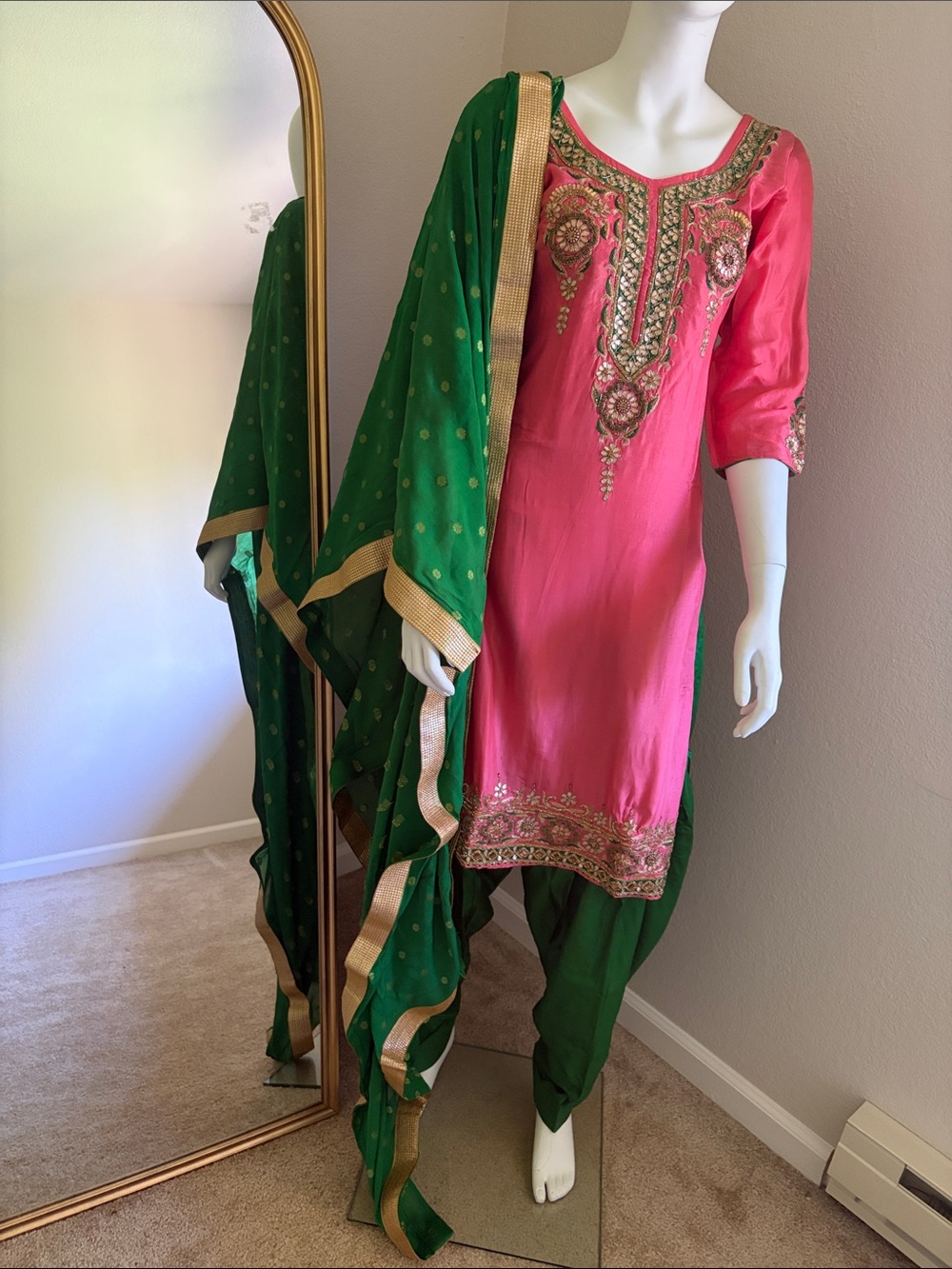 Beautiful brand new silk Indian suit Salwaar peach and green color combination